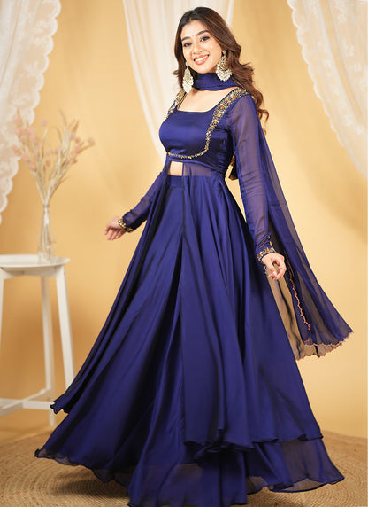 Silk Navy Blue Party Wear Embroidery Work Readymade Western Suit 386900