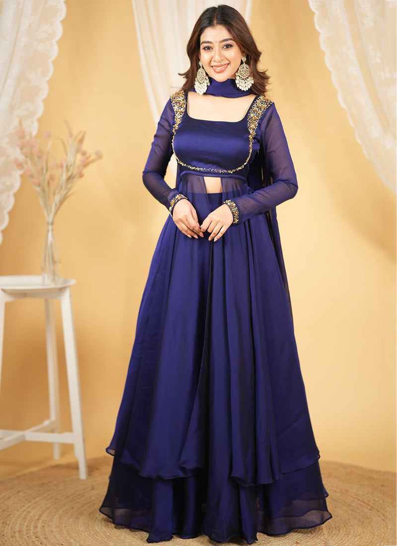 Silk Navy Blue Party Wear Embroidery Work Readymade Western Suit 386900