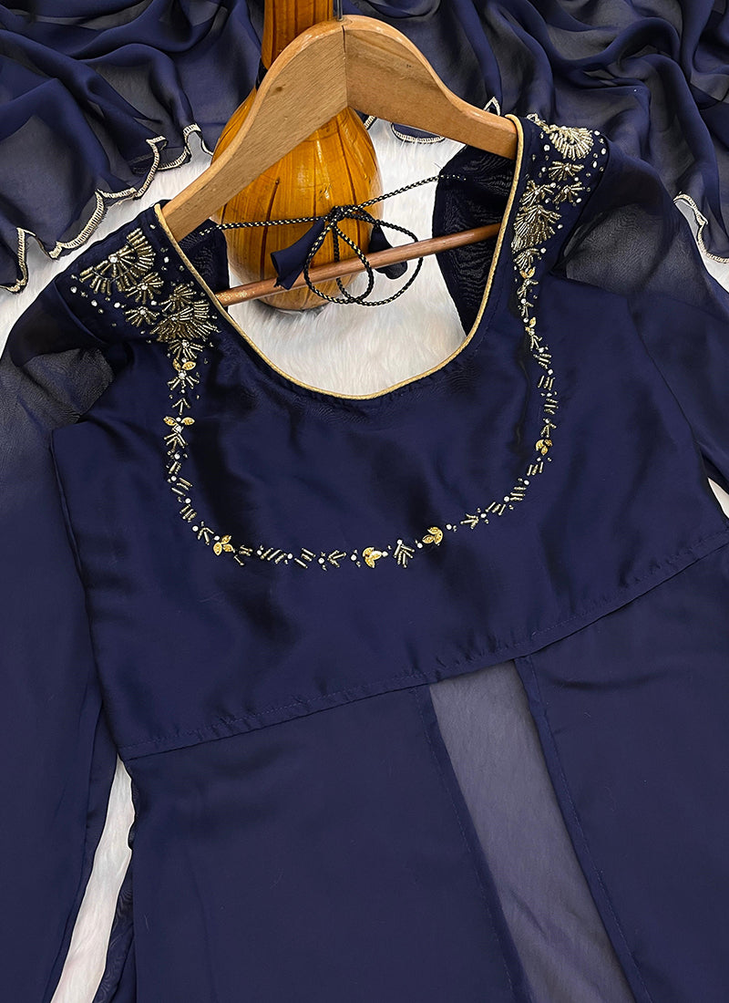 Silk Navy Blue Party Wear Embroidery Work Readymade Western Suit 386900
