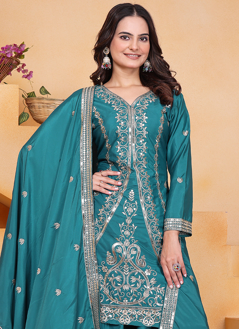 Crepe Teal Green Wedding Wear Embroidery Work Readymade Plazzo Suit 387670