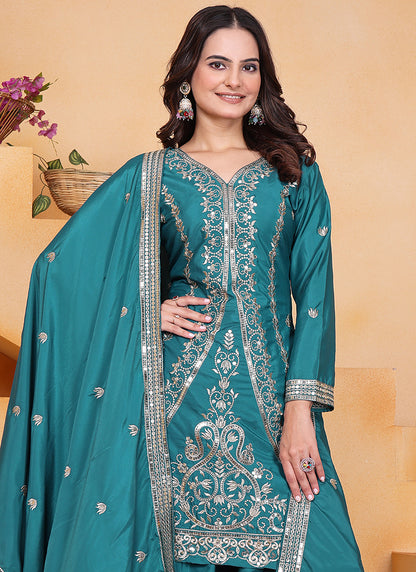 Crepe Teal Green Wedding Wear Embroidery Work Readymade Plazzo Suit 387670