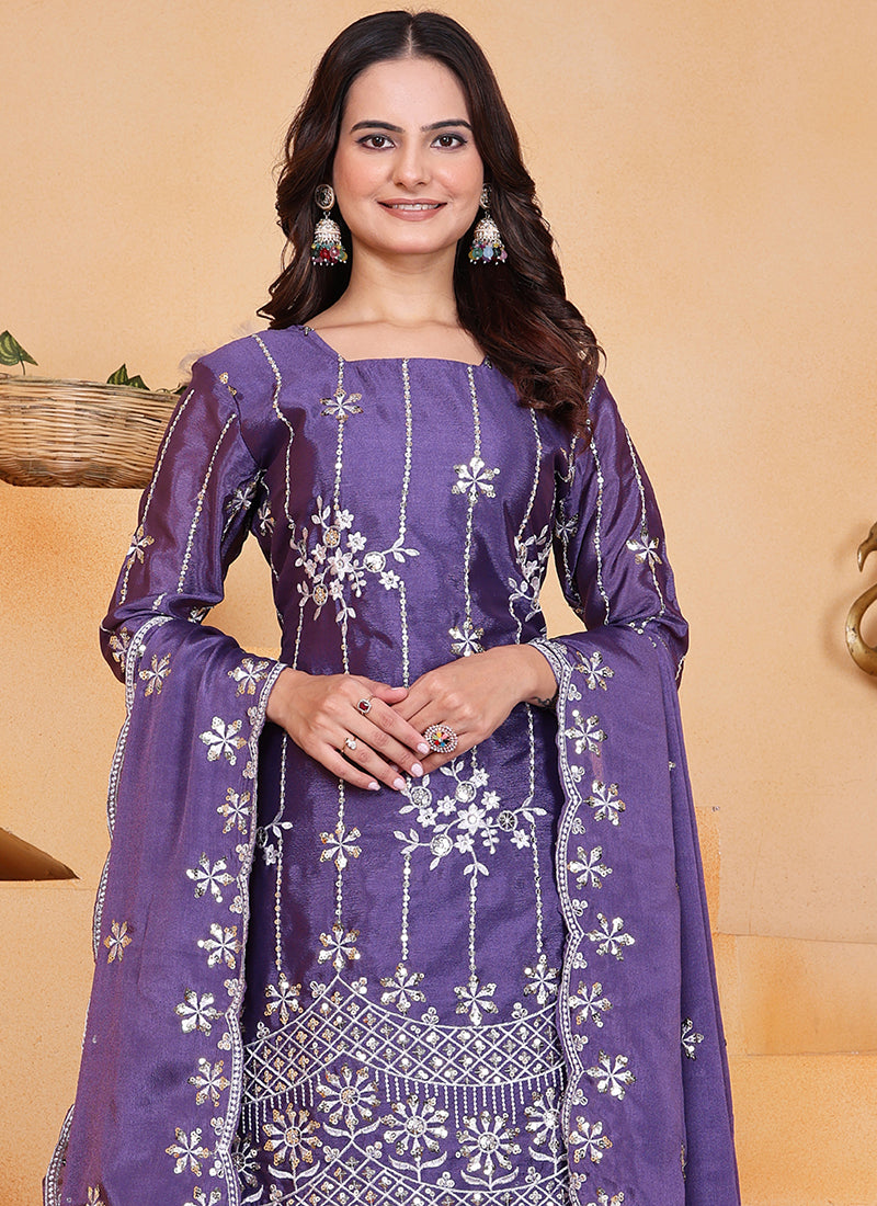 Chinon Purple Wedding Wear Embroidery Work Readymade Plazzo Suit 387669