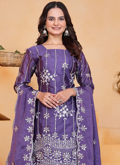 Chinon Purple Wedding Wear Embroidery Work Readymade Plazzo Suit 387669