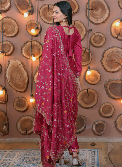 Chinon Rani Pink Festival Wear Embroidery Work Readymade Salwar Suit 386194