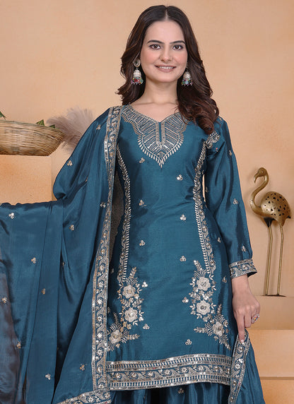Chinon Teal Blue Wedding Wear Embroidery Work Readymade Plazzo Suit 387668