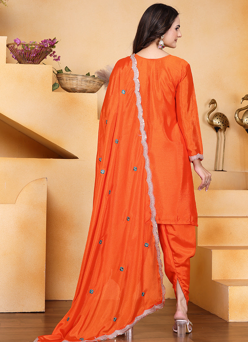 Chinnon Orange Wedding Wear Emroidery Work Readymade Dhoti Suit 384617