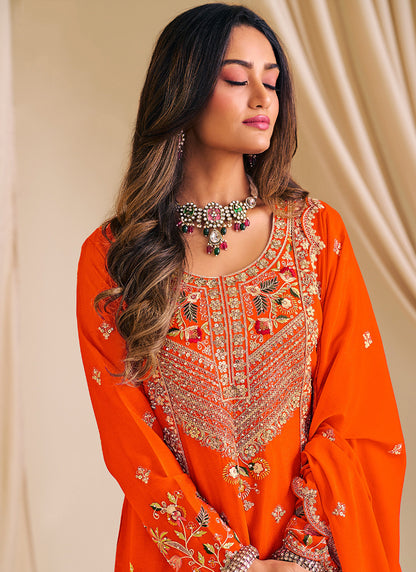 Chinon Orange Wedding Wear Embroidery Work Readymade Plazzo Suit 386152