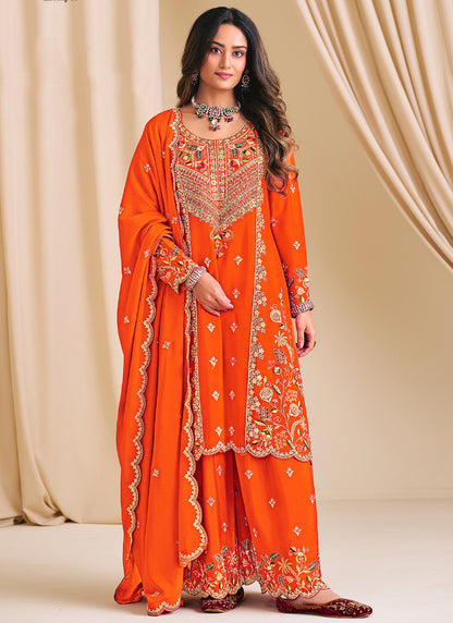 Chinon Orange Wedding Wear Embroidery Work Readymade Plazzo Suit 386152