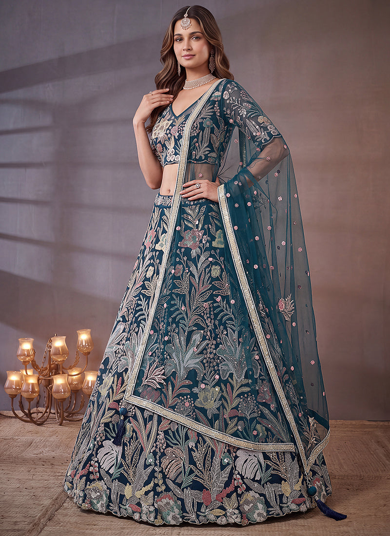Blue Net Thread Work Festival Wear Lehenga Choli SW405913