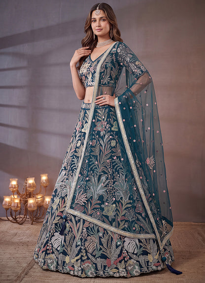 Blue Net Thread Work Festival Wear Lehenga Choli SW405913