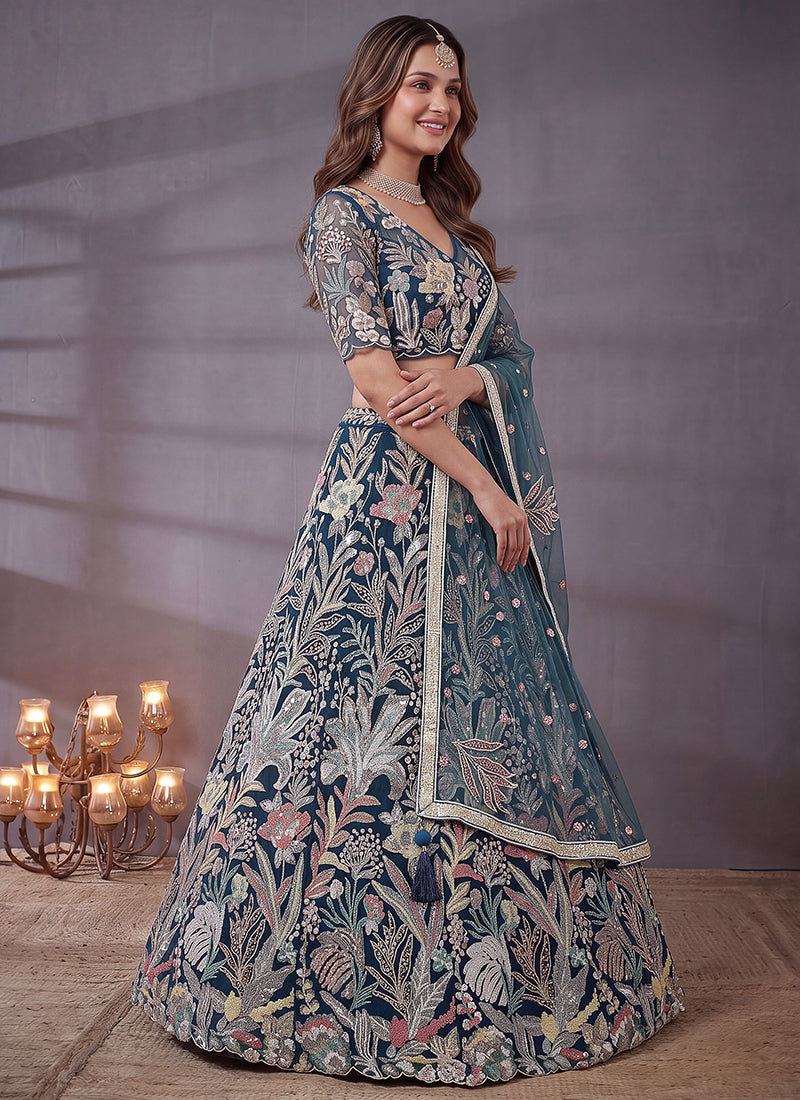 Blue Net Thread Work Festival Wear Lehenga Choli SW405913