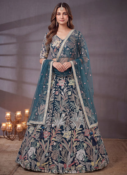 Blue Net Thread Work Festival Wear Lehenga Choli SW405913