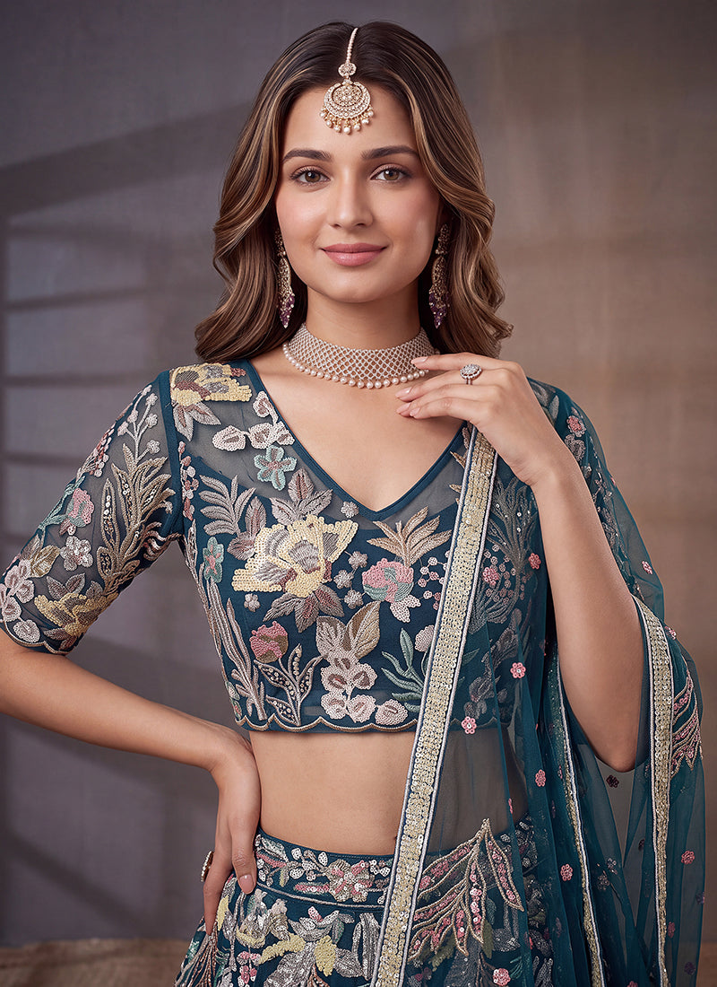 Blue Net Thread Work Festival Wear Lehenga Choli SW405913