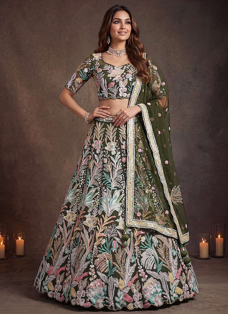 Green Net Thread Work Festival Wear Lehenga Choli SW405914