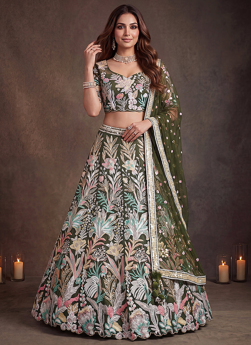 Green Net Thread Work Festival Wear Lehenga Choli SW405914