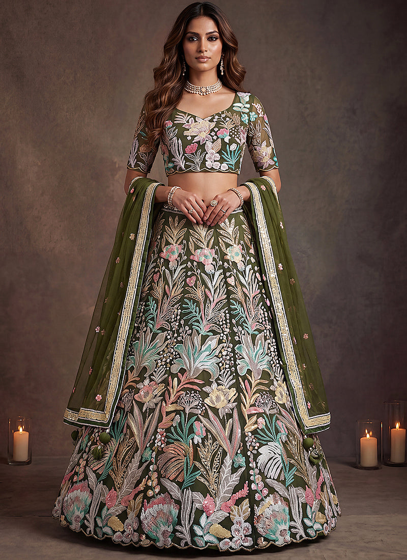 Green Net Thread Work Festival Wear Lehenga Choli SW405914
