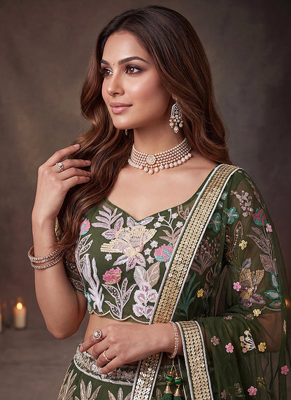 Green Net Thread Work Festival Wear Lehenga Choli SW405914