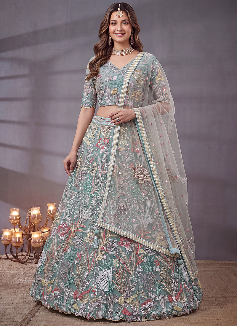Sky Blue Net Thread Work Festival Wear Lehenga Choli SW405916