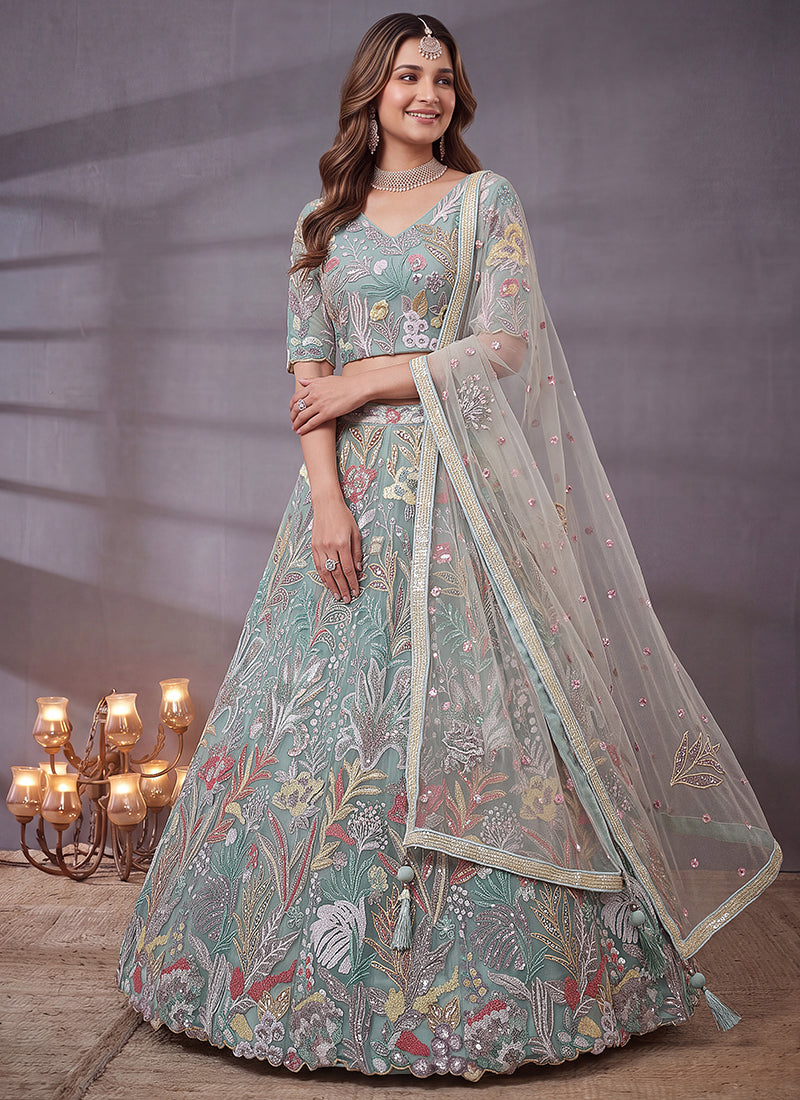 Sky Blue Net Thread Work Festival Wear Lehenga Choli SW405916