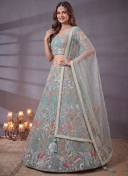 Sky Blue Net Thread Work Festival Wear Lehenga Choli SW405916