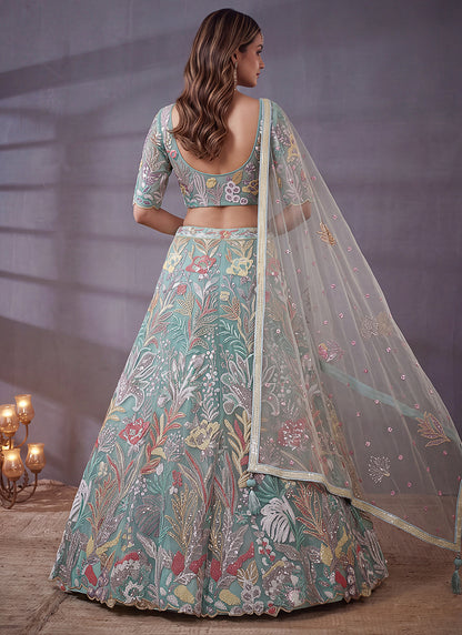 Sky Blue Net Thread Work Festival Wear Lehenga Choli SW405916