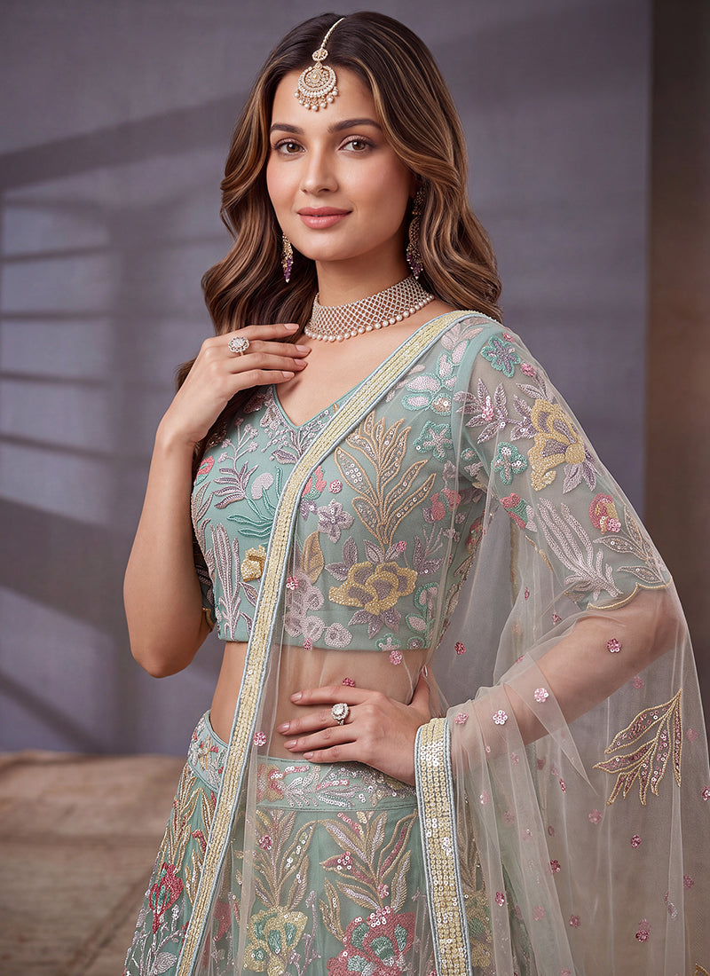 Sky Blue Net Thread Work Festival Wear Lehenga Choli SW405916