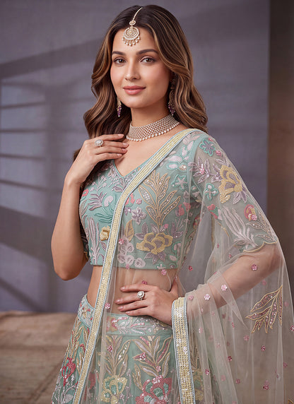 Sky Blue Net Thread Work Festival Wear Lehenga Choli SW405916