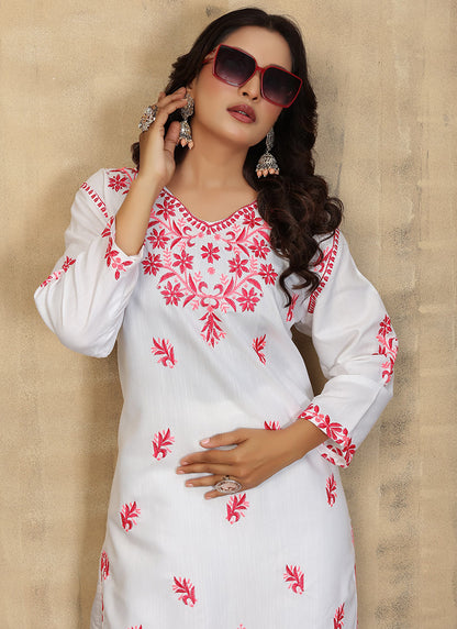 Rayon White Casual Wear Chikankari Embroidery Readymade Cord Set 375415