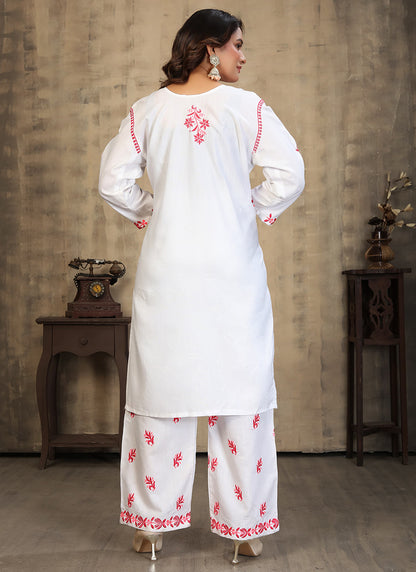 Rayon White Casual Wear Chikankari Embroidery Readymade Cord Set 375415