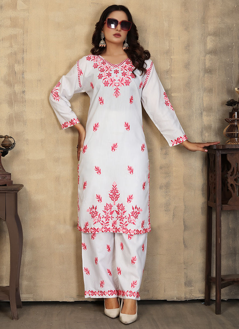 Rayon White Casual Wear Chikankari Embroidery Readymade Cord Set 375415