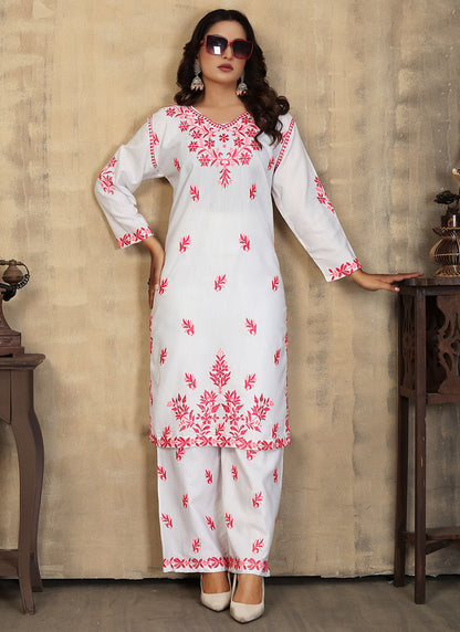 Rayon White Casual Wear Chikankari Embroidery Readymade Cord Set 375415