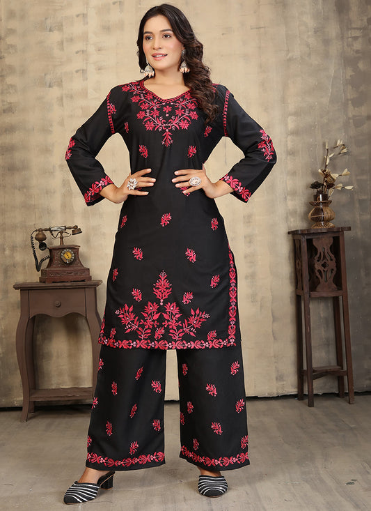 Rayon Black Casual Wear Chikankari Embroidery Readymade Cord Set 375416
