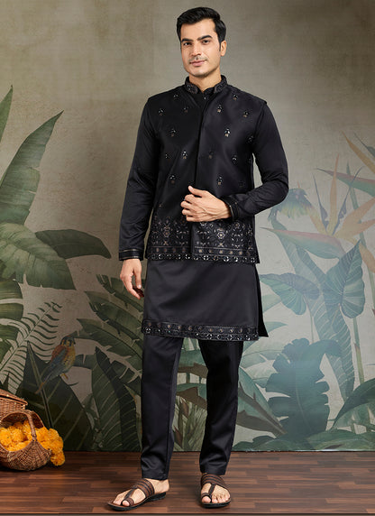 Silk Black Party Wear Embroidery Work Readymade Kurta Pajama With Jacket