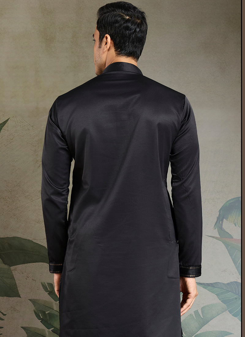 Silk Black Party Wear Embroidery Work Readymade Kurta Pajama With Jacket