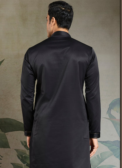 Silk Black Party Wear Embroidery Work Readymade Kurta Pajama With Jacket