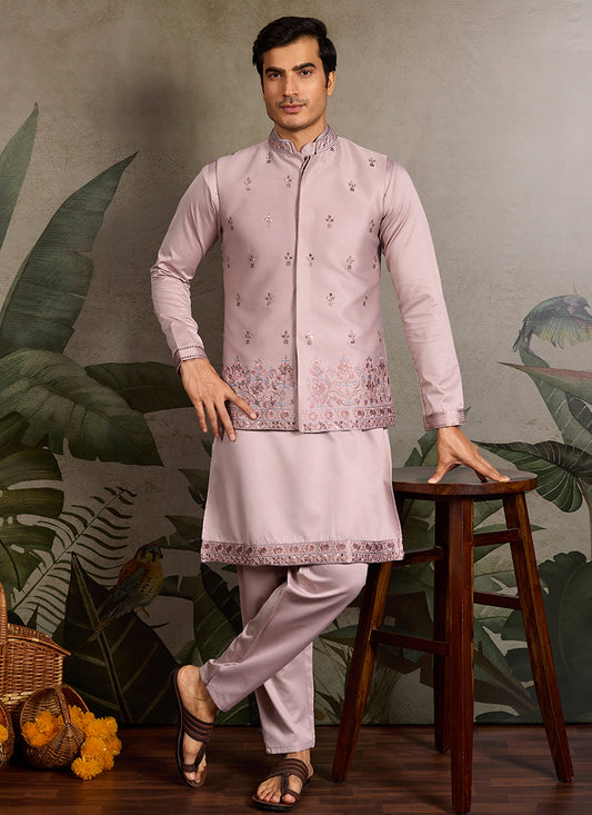 Silk Pink Party Wear Embroidery Work Readymade Kurta Pajama With Jacket