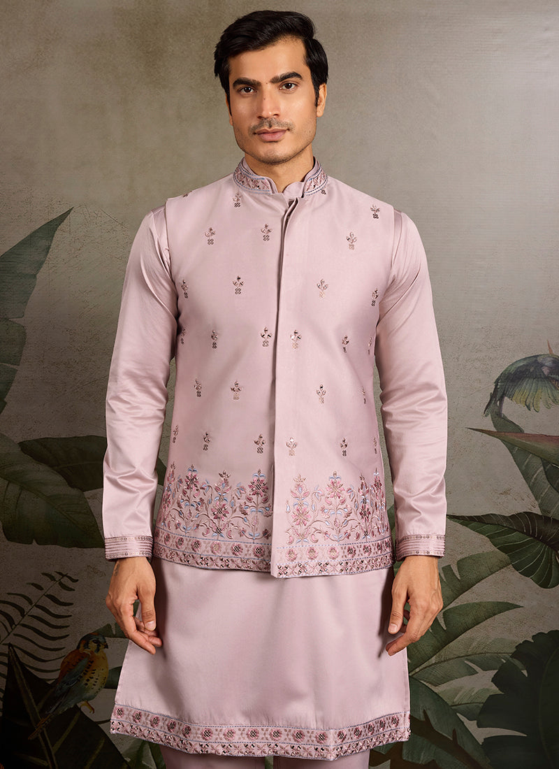 Silk Pink Party Wear Embroidery Work Readymade Kurta Pajama With Jacket
