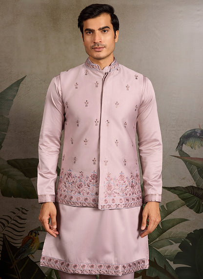 Silk Pink Party Wear Embroidery Work Readymade Kurta Pajama With Jacket