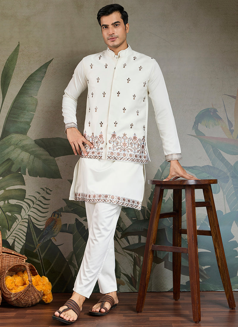 Silk White Party Wear Embroidery Work Readymade Kurta Pajama With Jacket