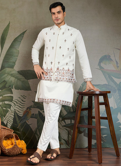 Silk White Party Wear Embroidery Work Readymade Kurta Pajama With Jacket
