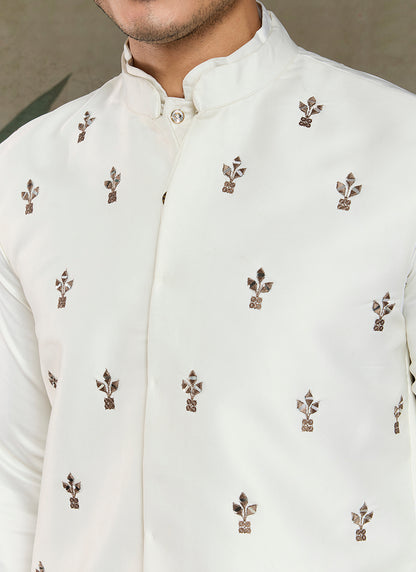 Silk White Party Wear Embroidery Work Readymade Kurta Pajama With Jacket