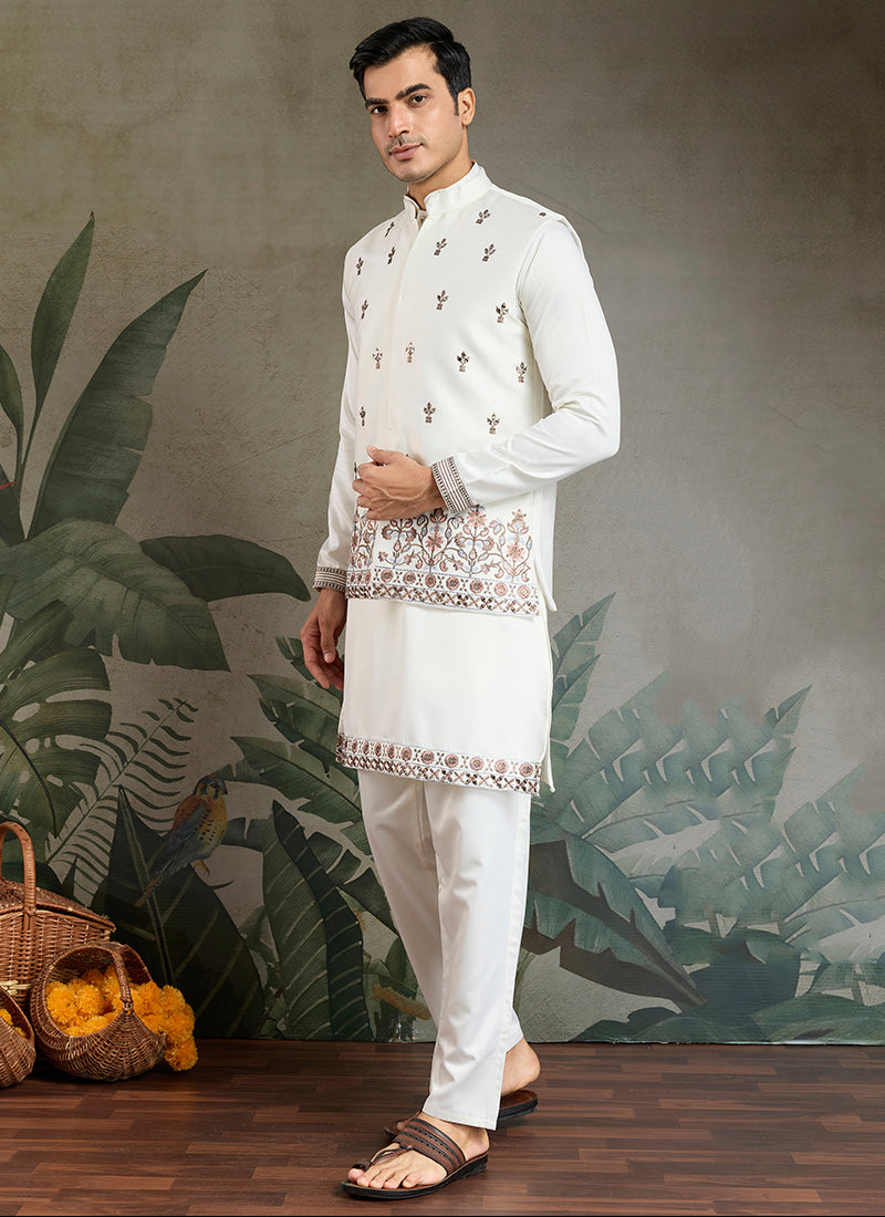 Silk White Party Wear Embroidery Work Readymade Kurta Pajama With Jacket