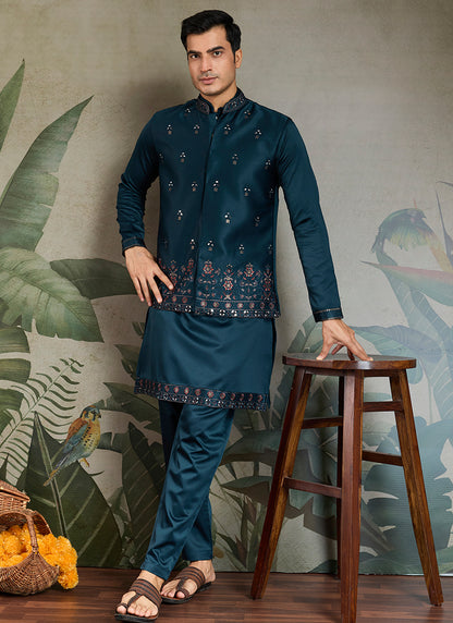 Silk Navy Blue Party Wear Embroidery Work Readymade Kurta Pajama With Jacket