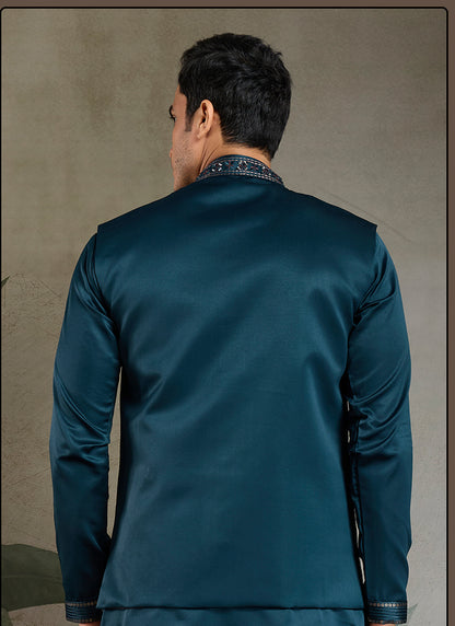 Silk Navy Blue Party Wear Embroidery Work Readymade Kurta Pajama With Jacket