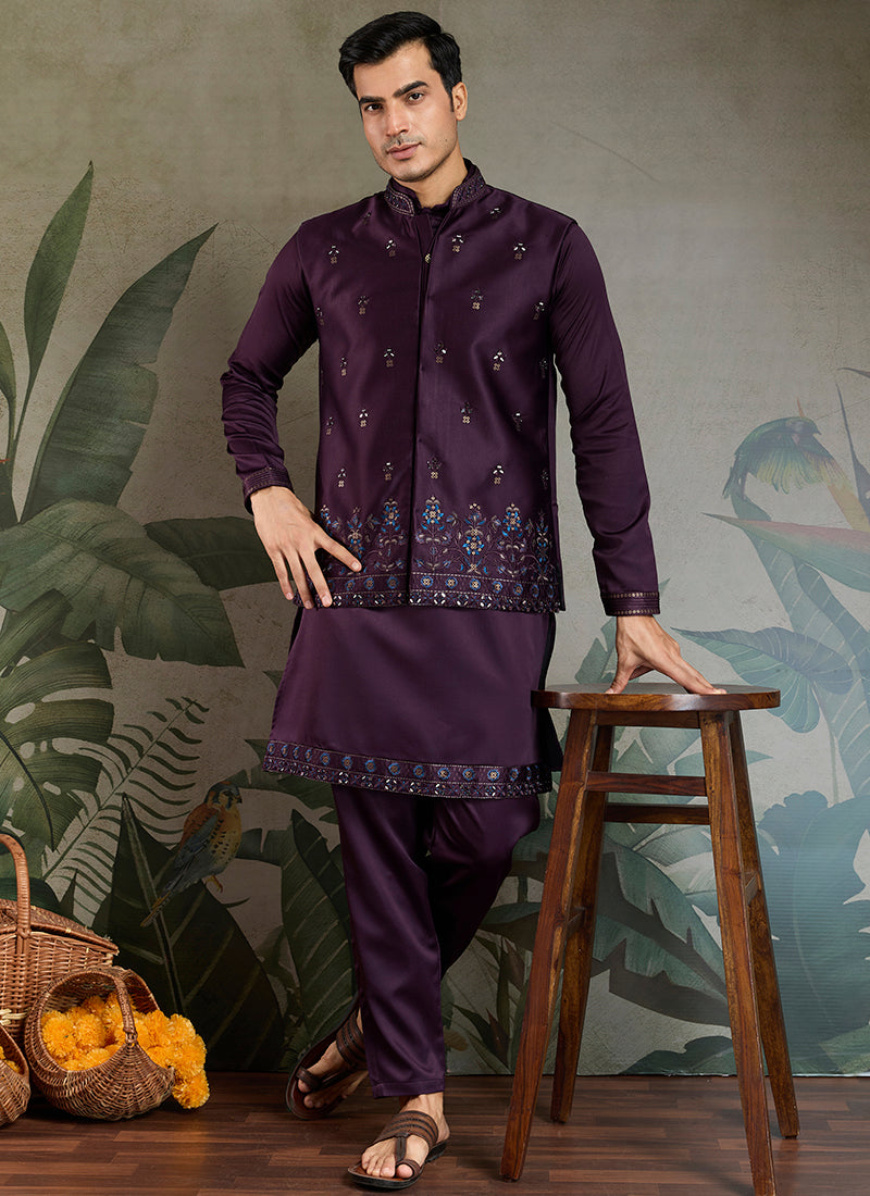 Silk Wine Party Wear Embroidery Work Readymade Kurta Pajama With Jacket
