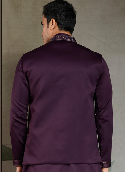 Silk Wine Party Wear Embroidery Work Readymade Kurta Pajama With Jacket