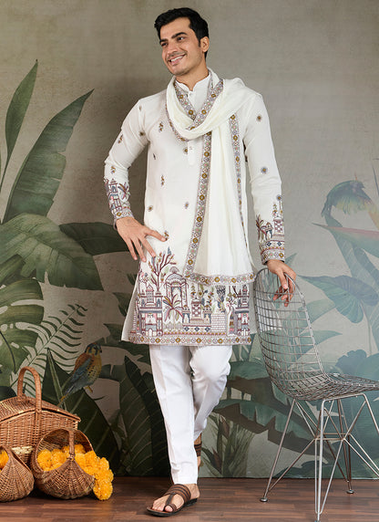 Viscose Silk Ivory White Party Wear Embroidery Work Readymade Kurta With Dupatta 377159