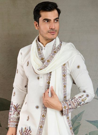Viscose Silk Ivory White Party Wear Embroidery Work Readymade Kurta With Dupatta 377159