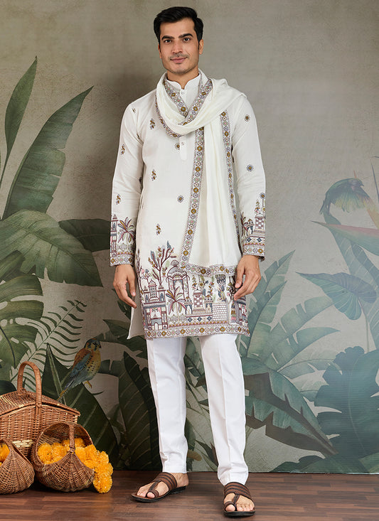 Viscose Silk Ivory White Party Wear Embroidery Work Readymade Kurta With Dupatta 377159