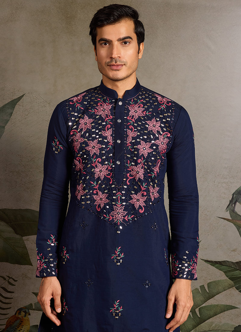 Viscose Silk Navy Blue Festival Wear Mirror Work Readymade Kurta